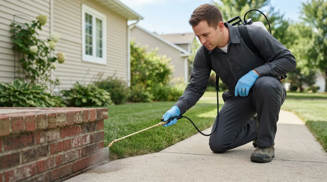 Pest control technician treating a home near Indiahoma, OK